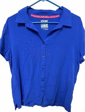 MUK LUKS Women's Blue Textured Short Sleeve Button Front Shirt Size M